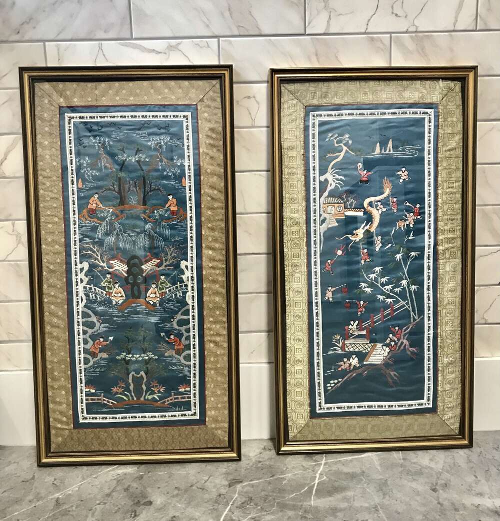 Chinese Silk Embroidery Hand Sewn Panels Under Glass Silk Sewn Figures Dragons Trees Flowe