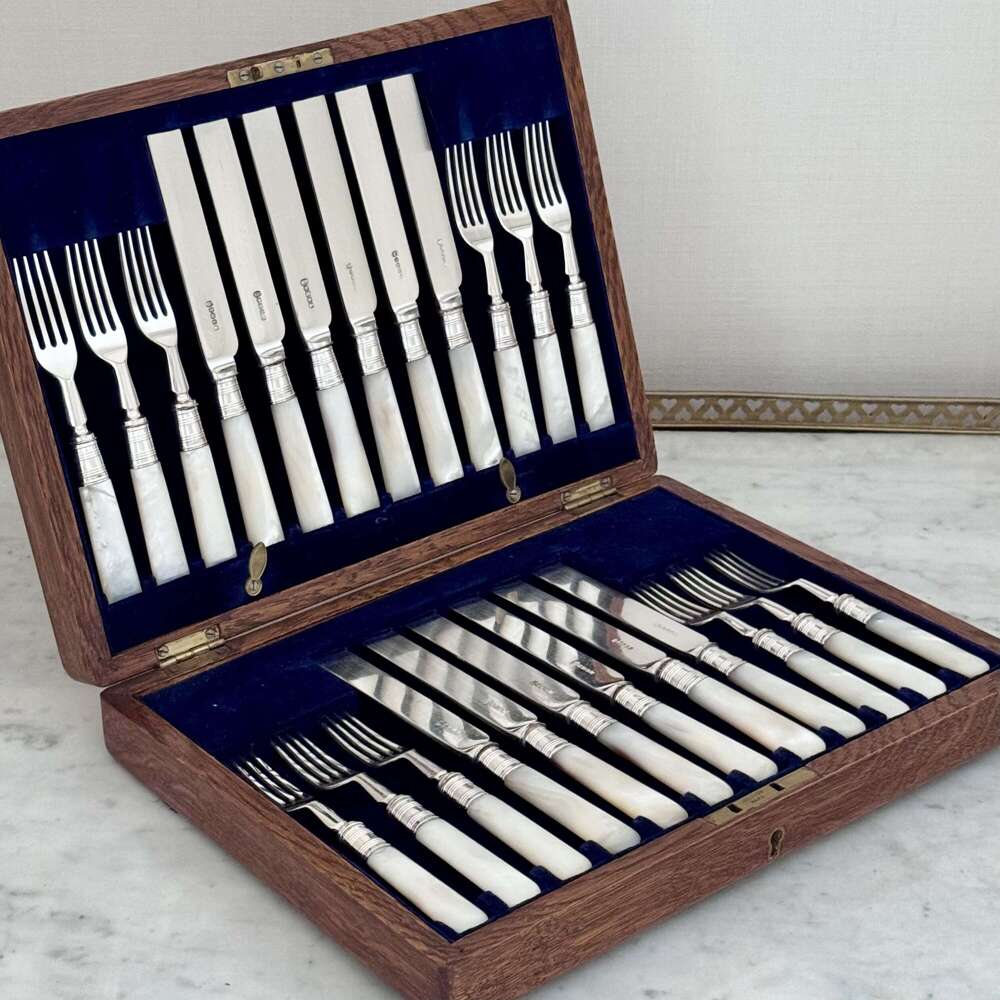 Edwardian silver plated & mother of pearl fruit dessert cutlery J Sanderson & Son