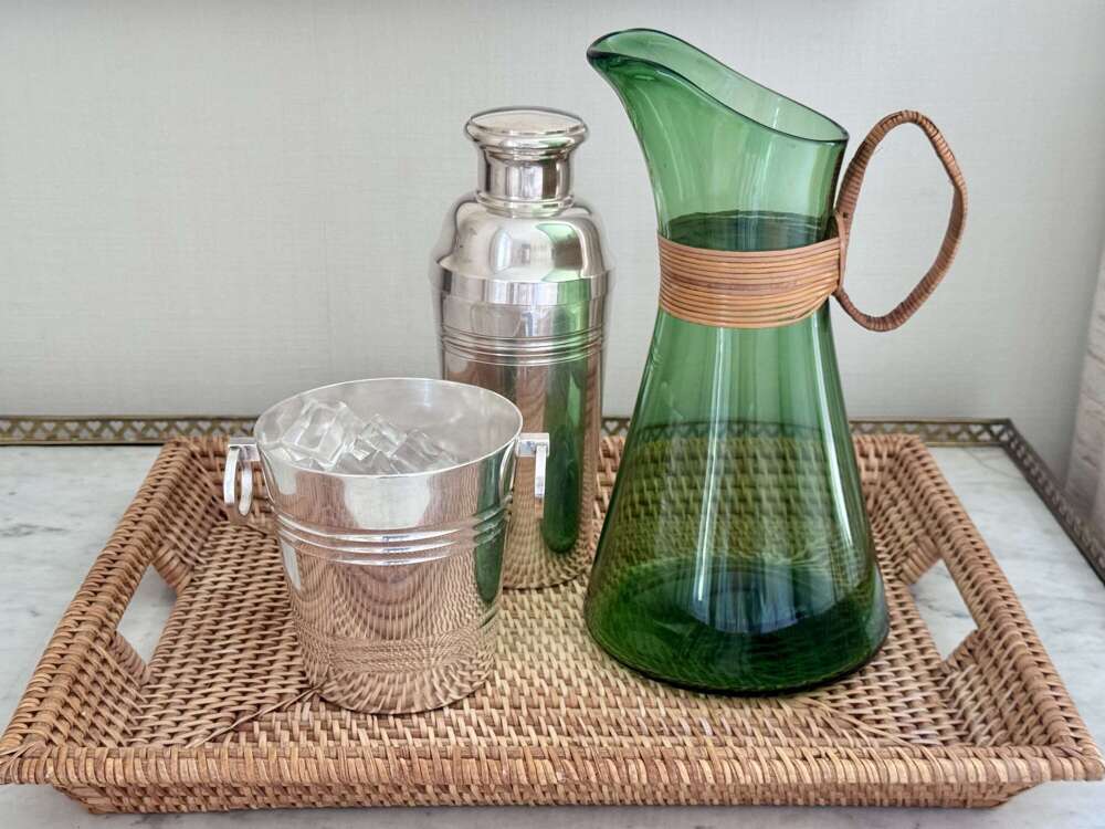 Curated Mid 20th Century Carl Auboch & rattan cocktail drinks tray set