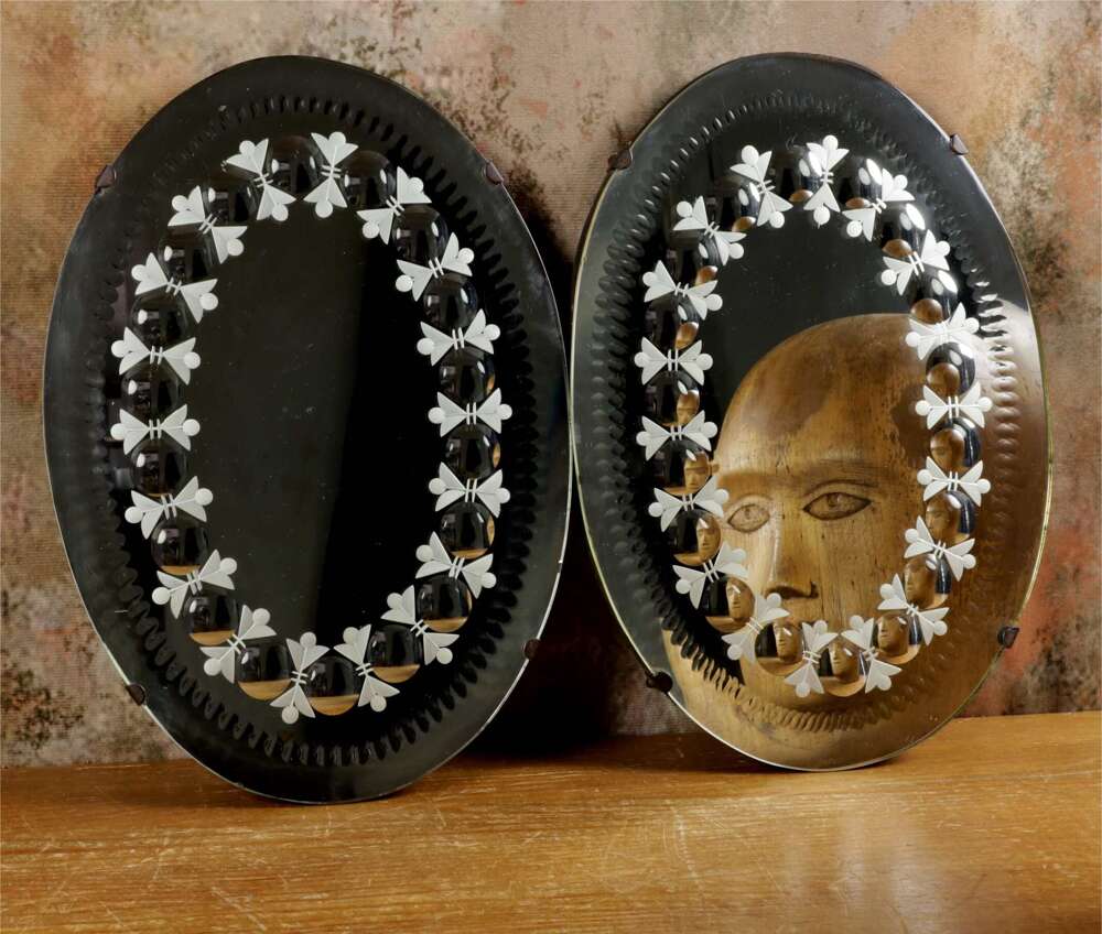 Pair Antique Sorcerer Mirrors. Multi Convex Etched Witching Wall Mirrors.