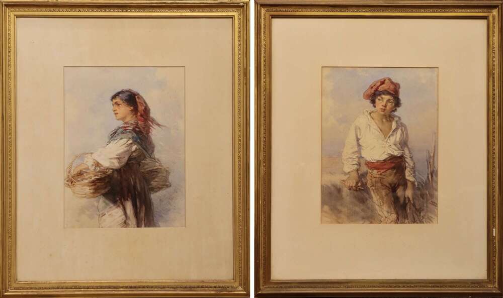 Pair of Victorian Watercolours of Italian Peasant Figures by Guido Bach, 1875