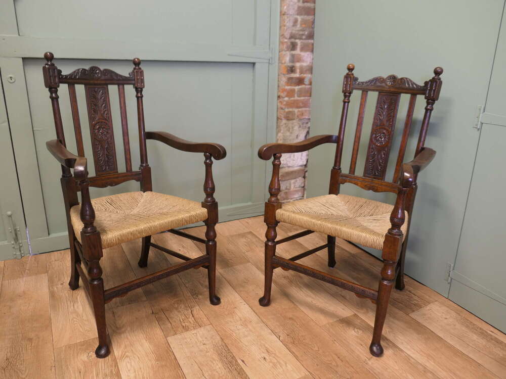Pair of Excellent Quality Gothic Carved Oak Carver Chairs  A good pair of chairs very stou