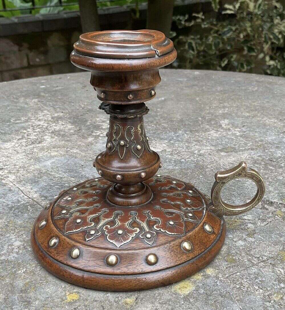 Victorian Treen Walnut And Brass Chamber Stick C1860