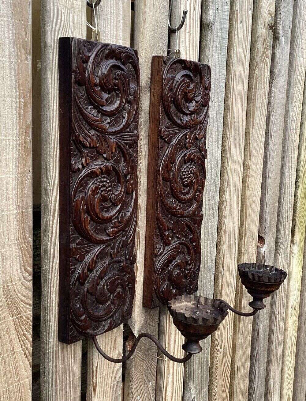 Pair Antique Carved Oak Pricket Candle Lights