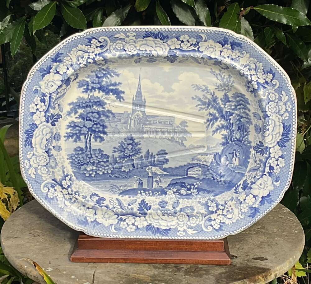 Large Blue & White Cathedral Church Glasgow Serving Plate C1850