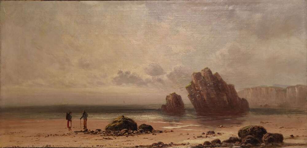 19th Century Coastal Oil Painting &ndash; Figures on a Rocky Beach with Dramatic Sea Stacks