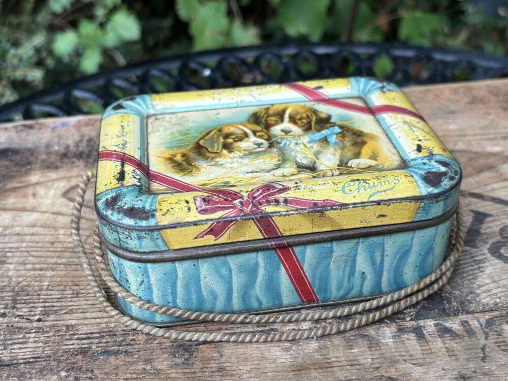 Carr's Puppy Dog Handbag Biscuit Tin c1900s