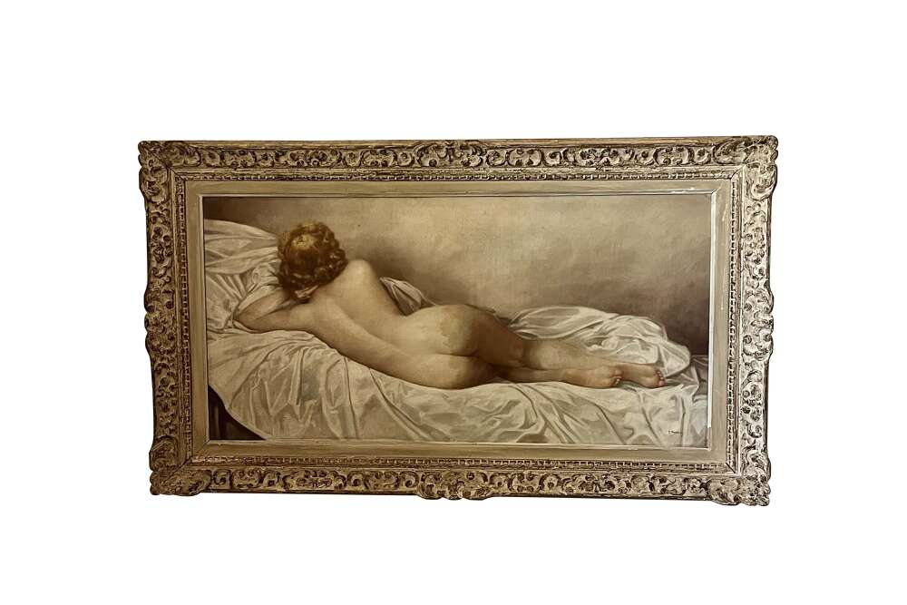 Large Framed Oil On Canvas Painting ' Reclining Nude ' By Fernand Jean Barbier