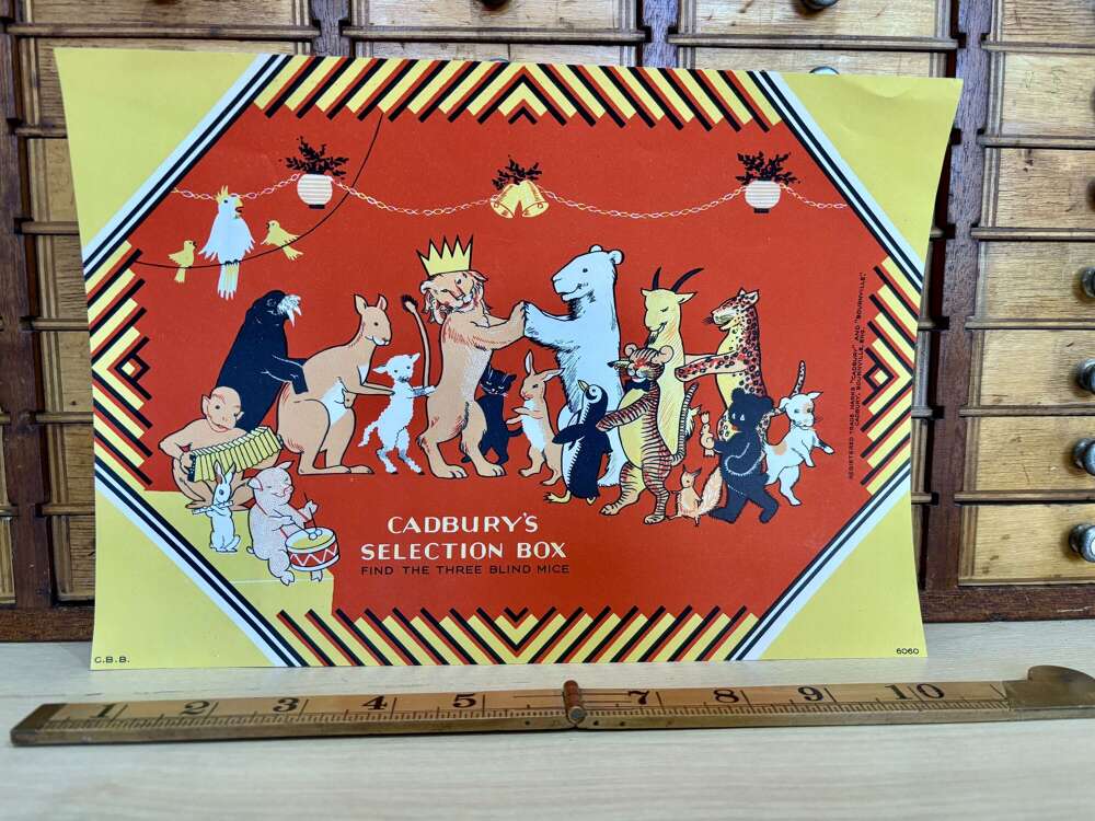 Cadbury's Selection Box Chocolate Cocoa Blind Mice Puzzle Advertising Label c1930s