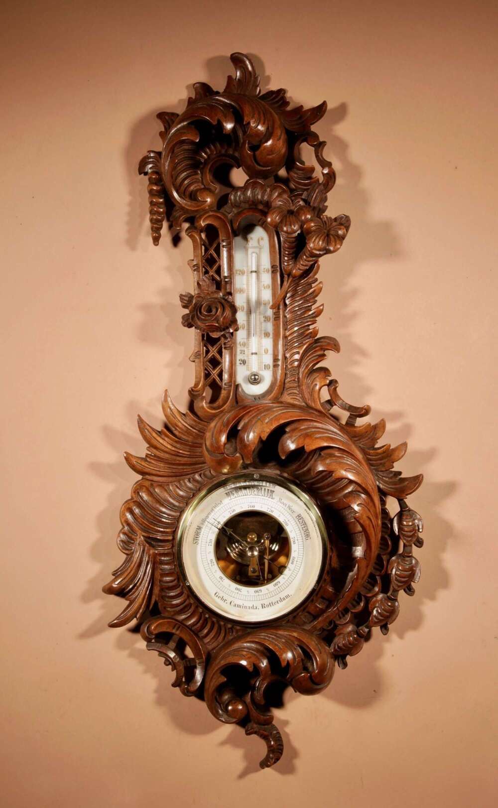 Black Forest Walnut Rocaile Very Fine Carved Aneroid Barometer Circa 1890.