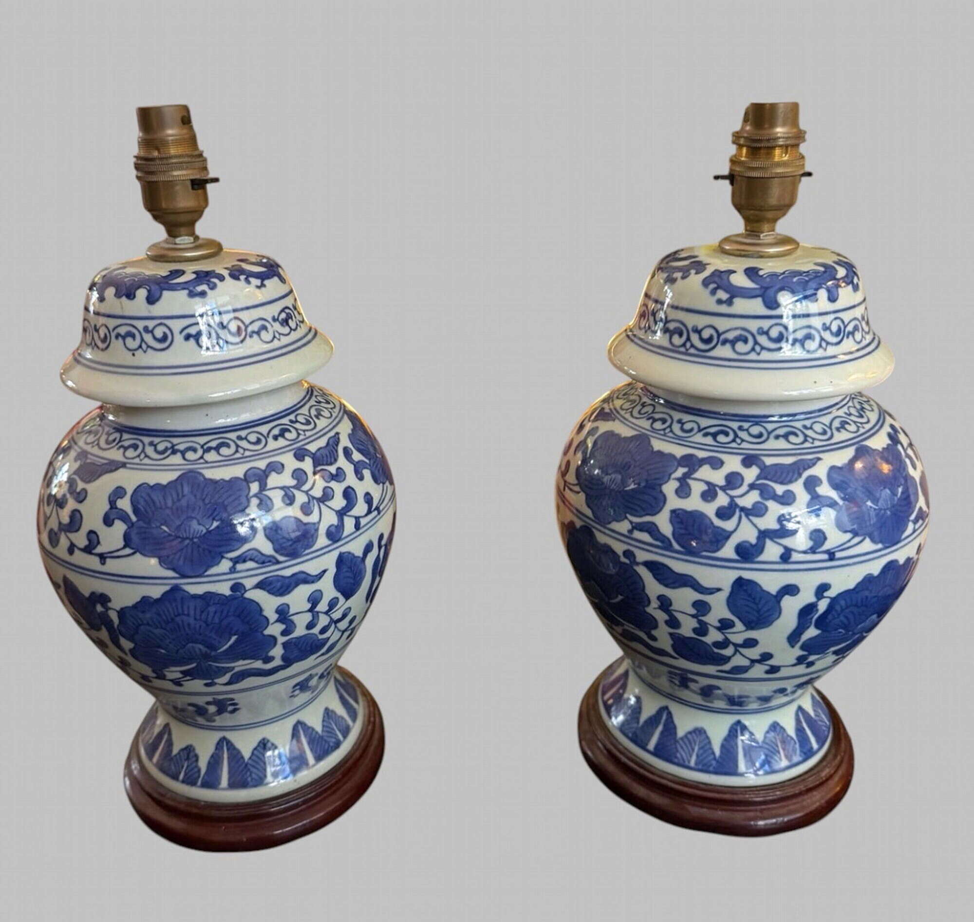 Pair of Vintage Blue and White Ceramic Temple Jar Lamps