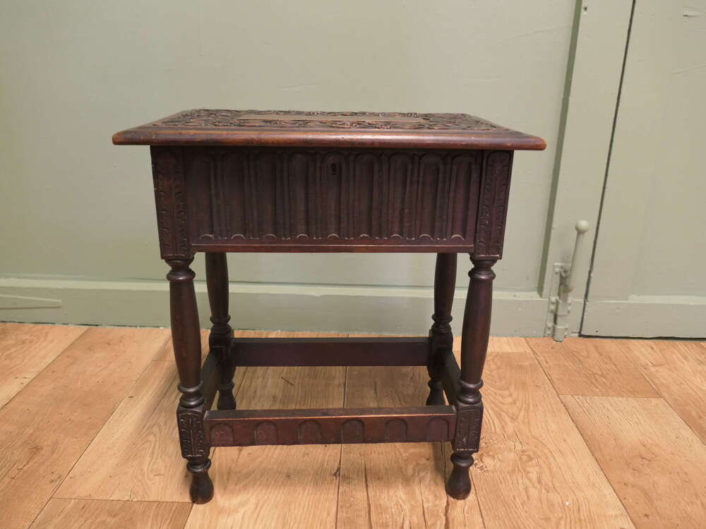 A 19th C Oak Joint Coffin Stool, Occasional Table, Sewing Box  This is a beautifully carve
