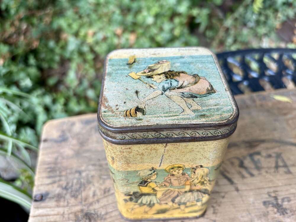 Victorian Dunmore Juvenile box Children at Seaside Biscuit tin c1890s