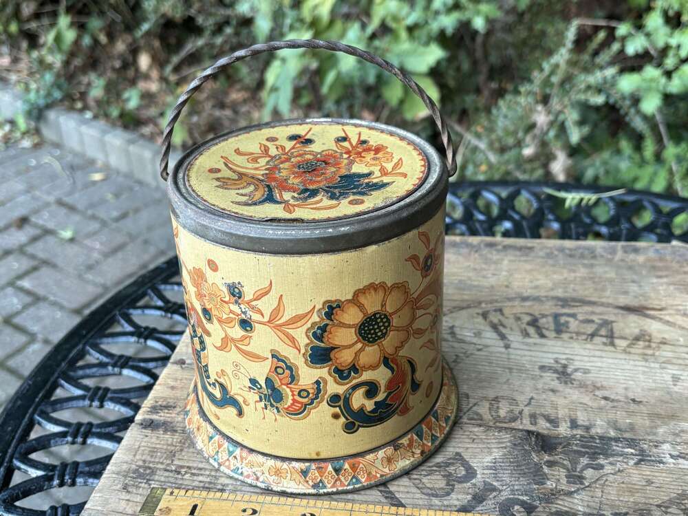 Scarce Gray Dunn Twisted Handle Flowered Barrel Biscuit Tin c1900s