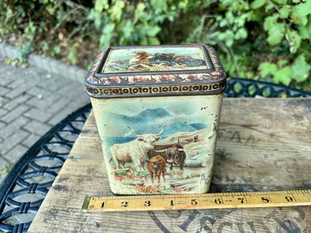 Carr&rsquo;s Embossed Sheep Dog Scottish Highlands Biscuit Tin c1900s