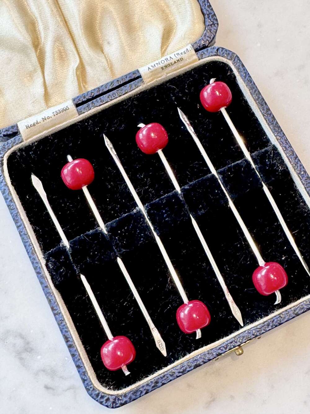 Art Deco silver & Bakelite cherry cocktail sticks 1937
