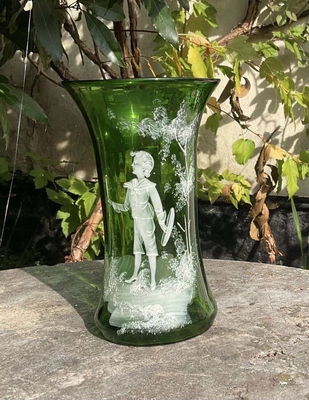 Mary Gregory Green Glass Vase C1880