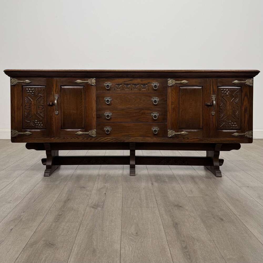 Antique Large Carved Oak Sideboard | Stretcher Base | Af-6435