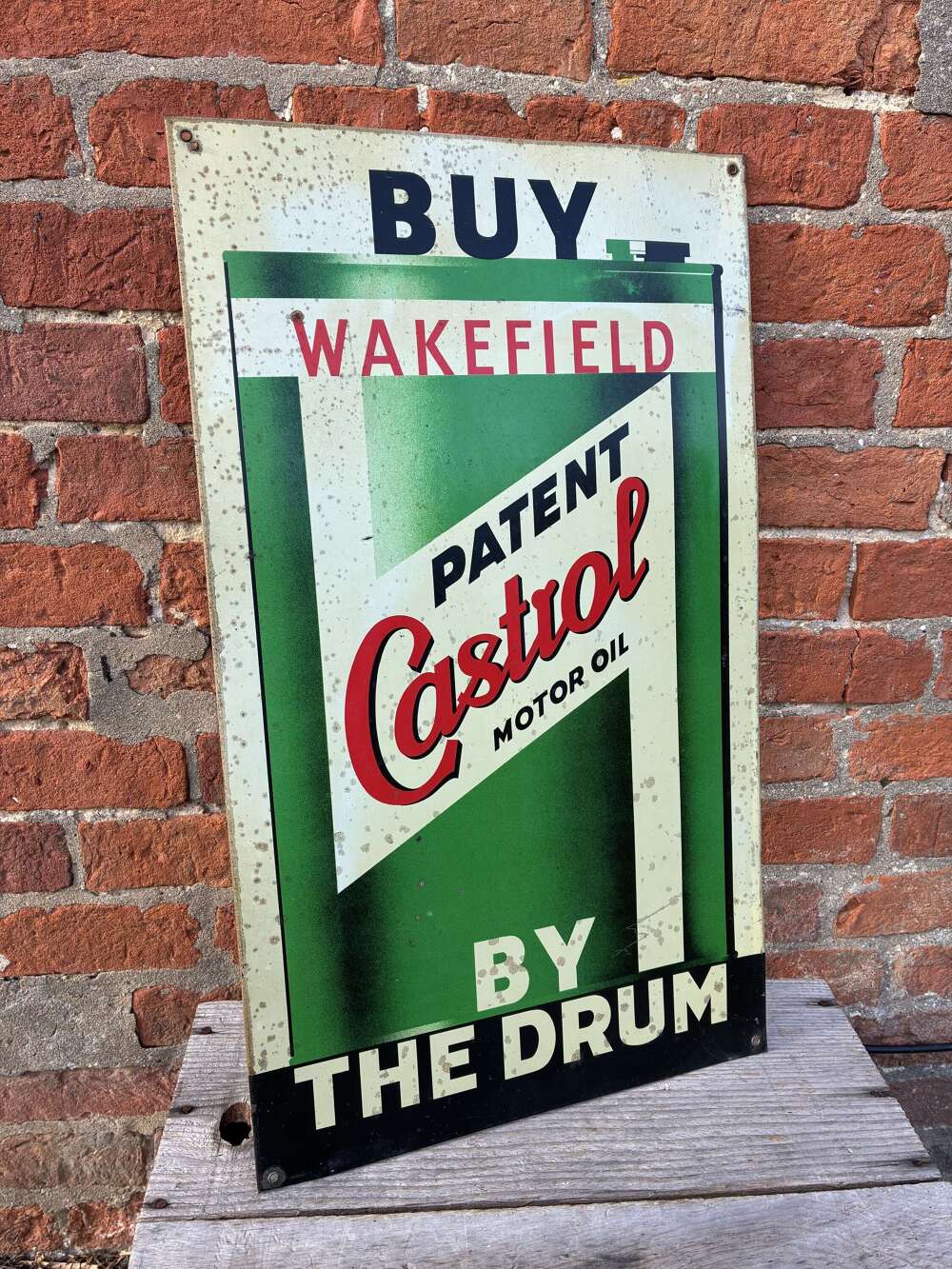 Very rare &ldquo;buy Wakefield Castrol motor oil by the drum&rdquo; printed tin advertising sign