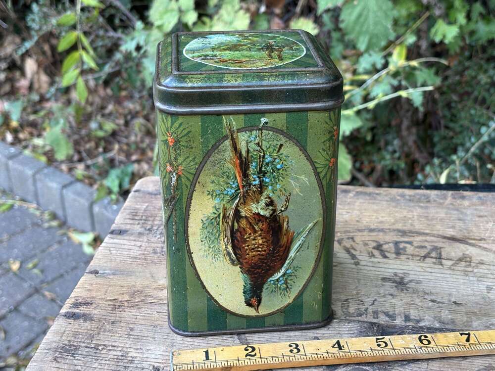 Victorian Gamekeeper Hunting Bird Pheasant Duck Partridge Hunt Embossed Biscuit Tin c1900s