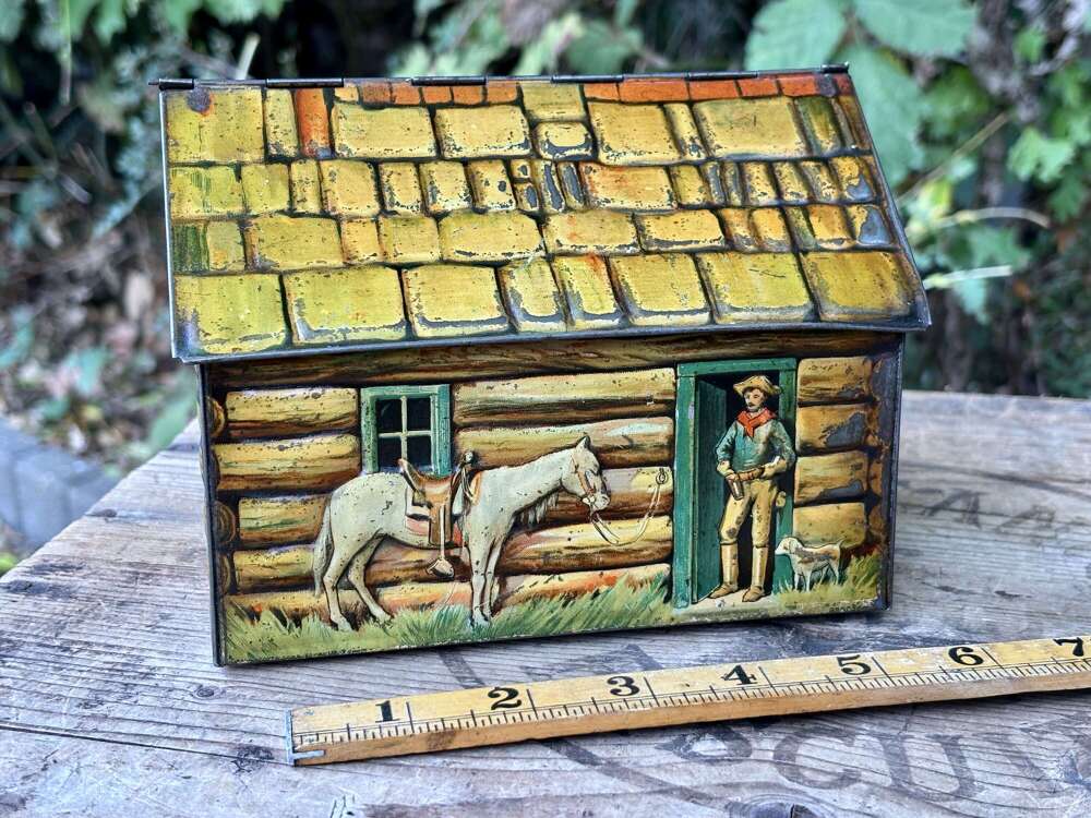 Henderson's Rustic Log Cabin Embossed Biscuit Tin c1900s
