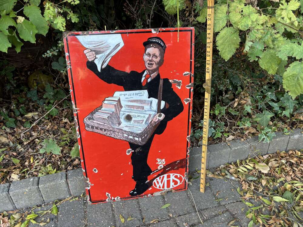 W.H. Smiths Newspaper Boy Advertising Enamel Sign c1910