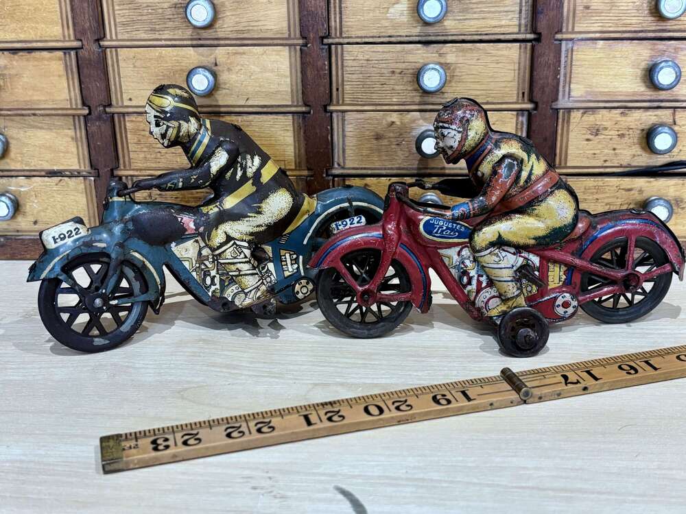 Pair Of Paya Tin Plate Clockwork Motor Cycles / Bikes c1930s