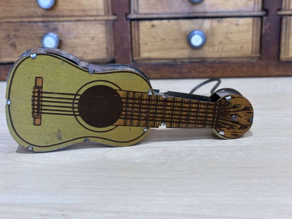 Guitar Shaped Tin Noise Maker Clicker Rattle c1950s
