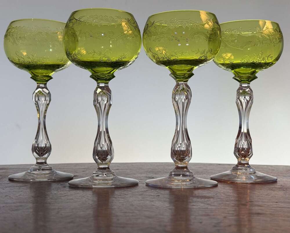 4 St Louis Crystal Green and etched Hock Glasses c 1920
