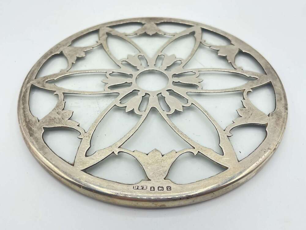 Antique Silver Hallmarked 1924 Docker & Burn Ltd & Glass Serving Trivet