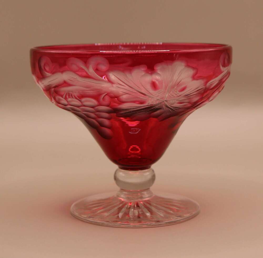 Vintage Bohemian Ruby Red Cut to Clear Glass Grape & Vine Footed Compote