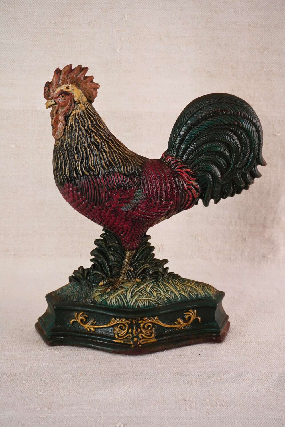 Antique French Cast Iron Rooster Doorstop | Polychrome | Late 19th Century