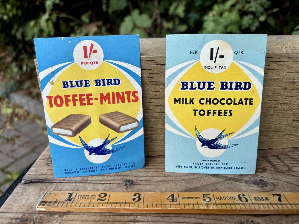 A pair of Blue Bird Toffee Price Card Signs c1960s