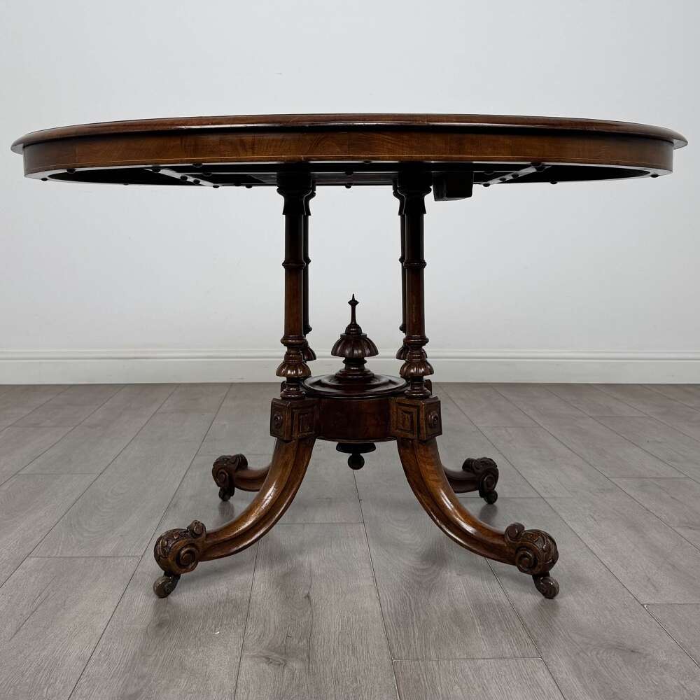 Antique Victorian Burr Walnut Loo Table | Inlaid Oval Tilt Top | Af-6680