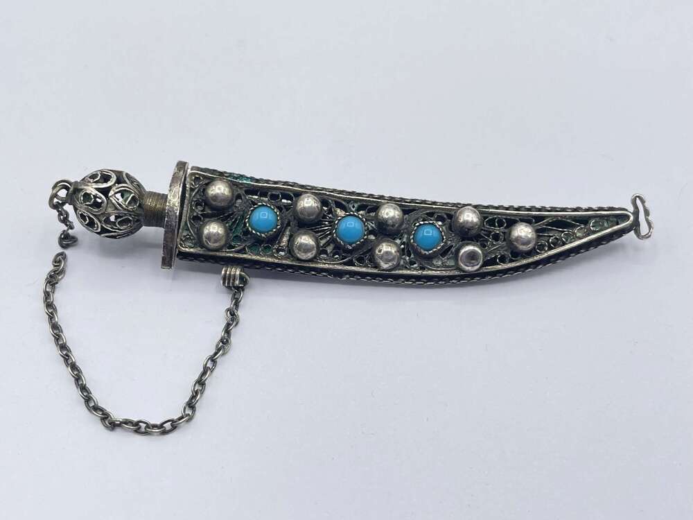 Antique Middle Eastern Sterling Silver & Turquoise Jambiya Dagger Brooch