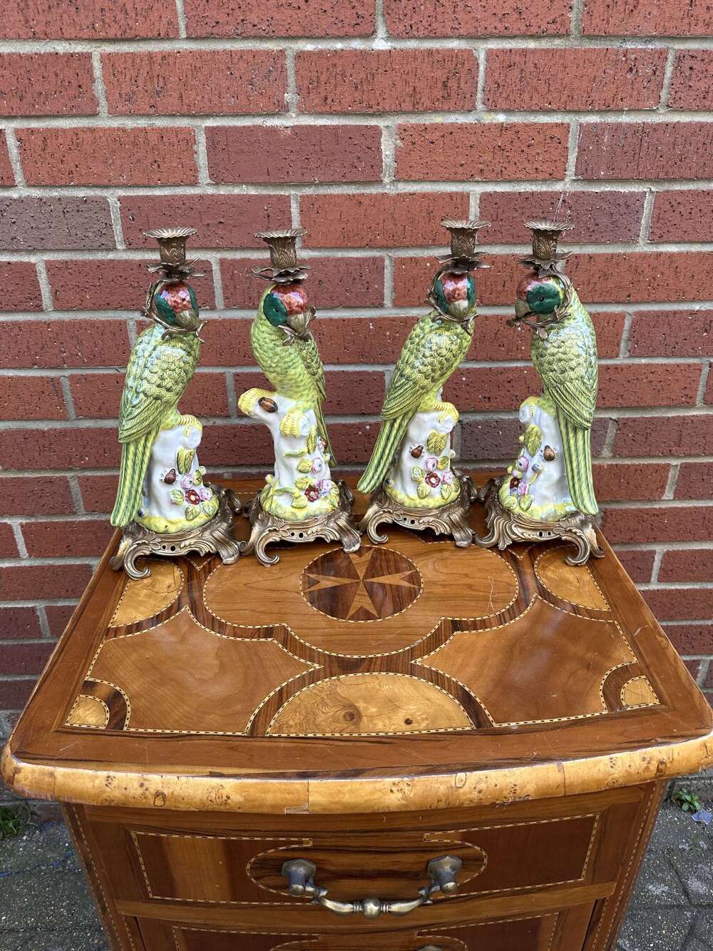 Four Bronze & Porcelain Parrot Candlesticks Green Country Hous