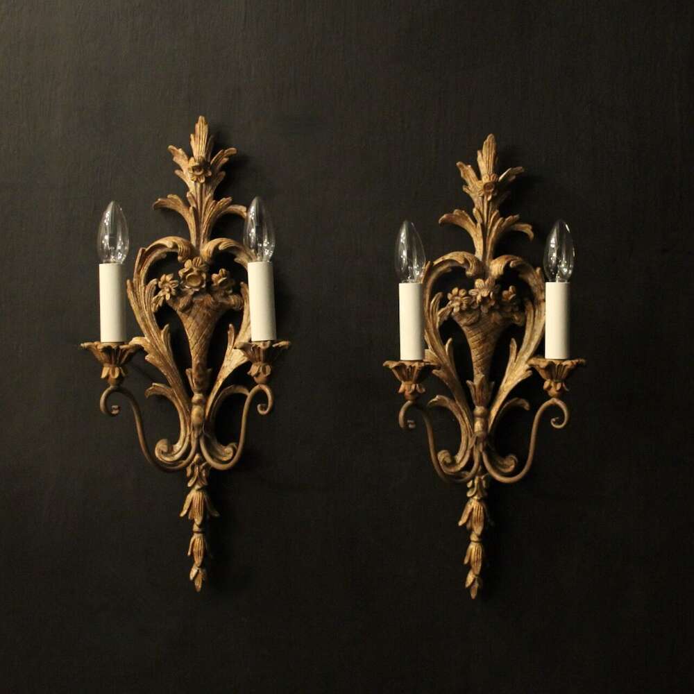 French Pair Of Wooden Twin Arm Wall Lights