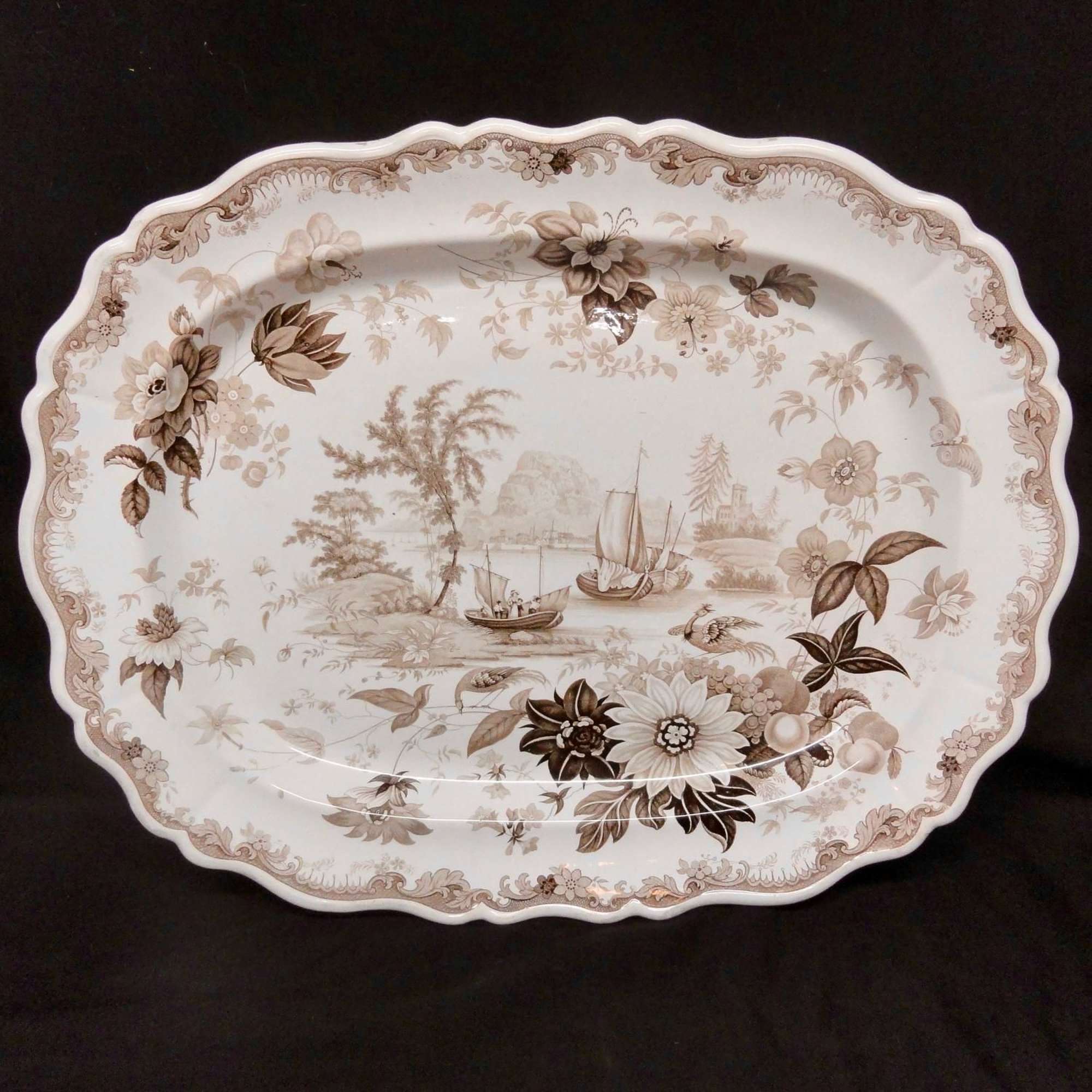 HUGE Staffordshire Brown Transferware Romantic Platter ~ 1830