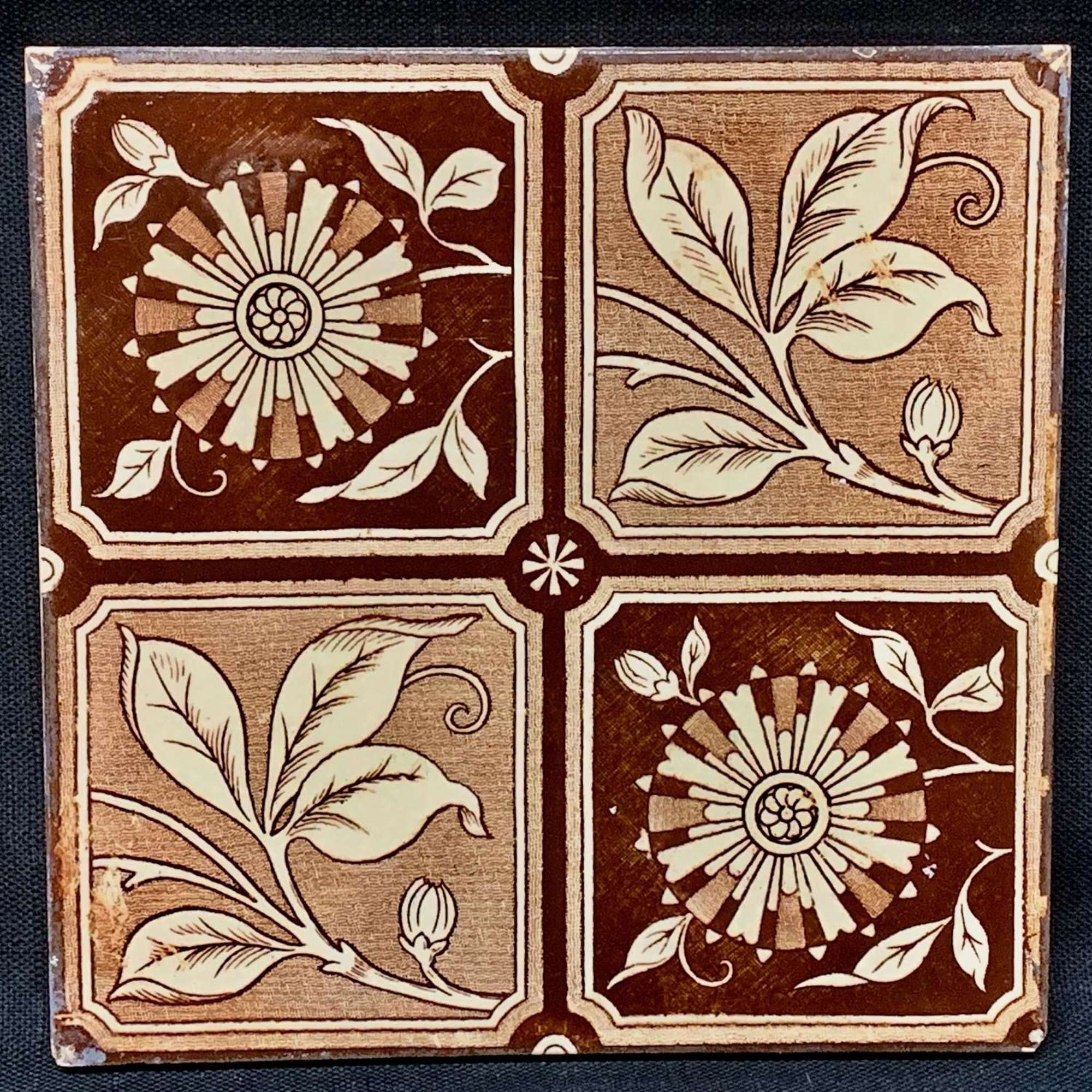 Brown Transferware Tile ~ 4 panel Flowers & Vines 1885