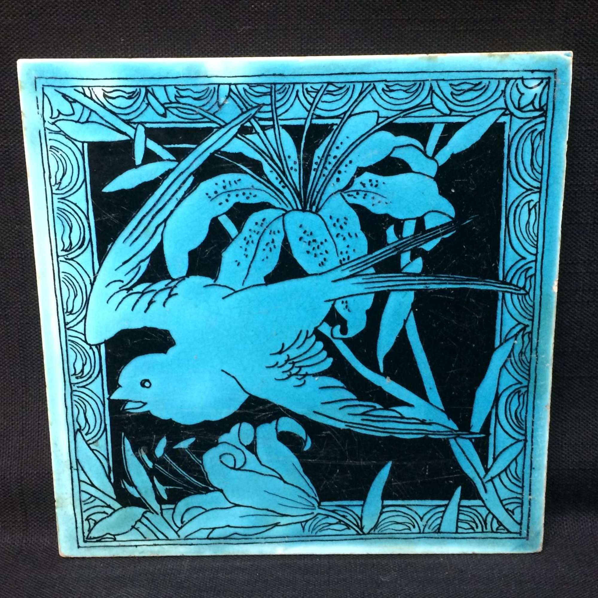 Minton Turquoise Black Transferware Tile Victorian ~ LILY 1885
