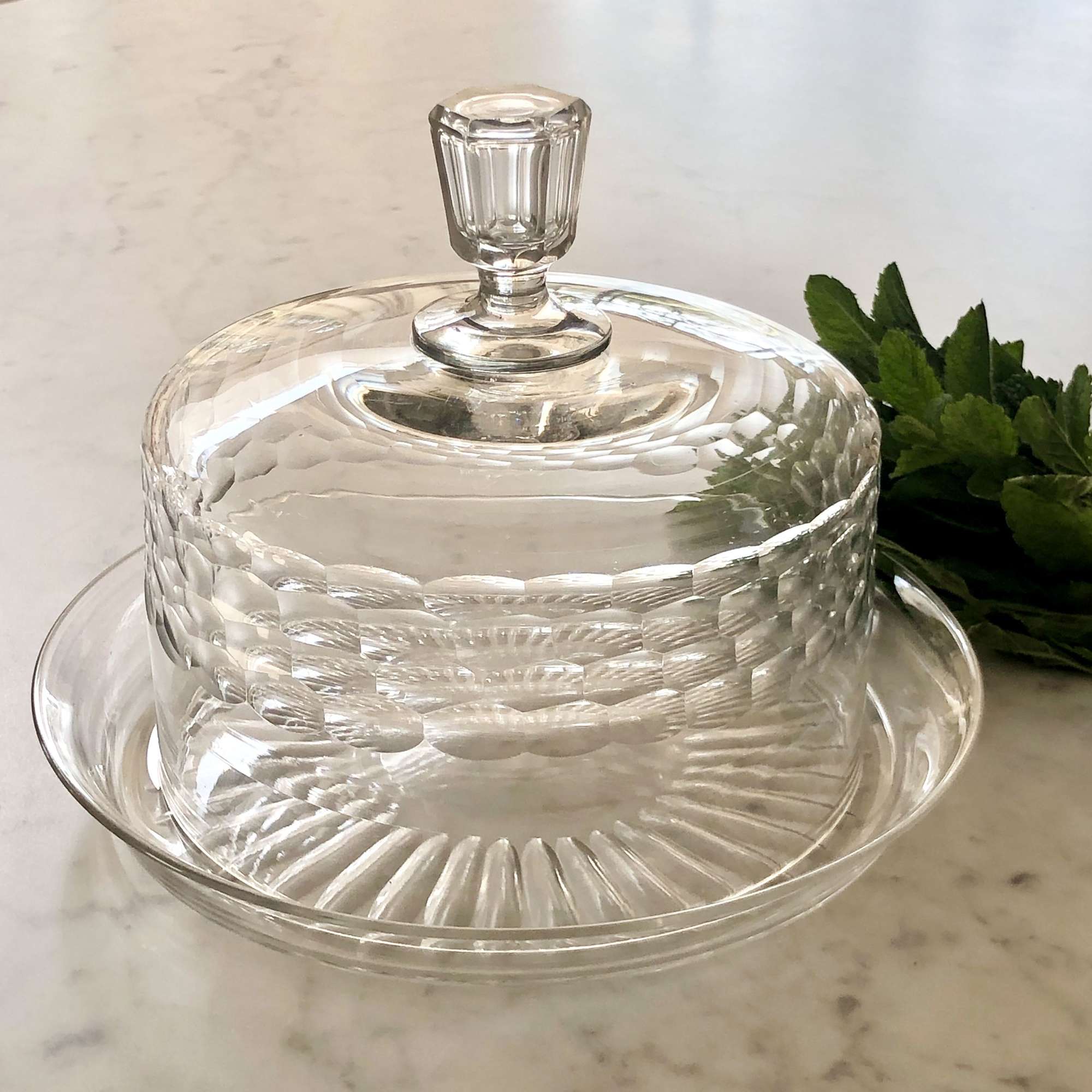 Baccarat crystal serving dome and matching star cut platter