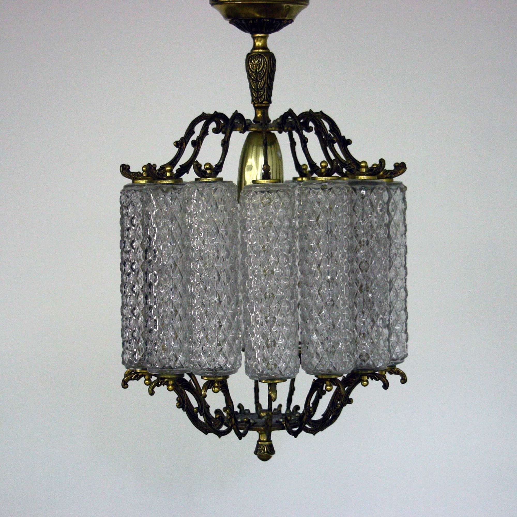 Pair of 20th Century Brass and Glass Chandeliers