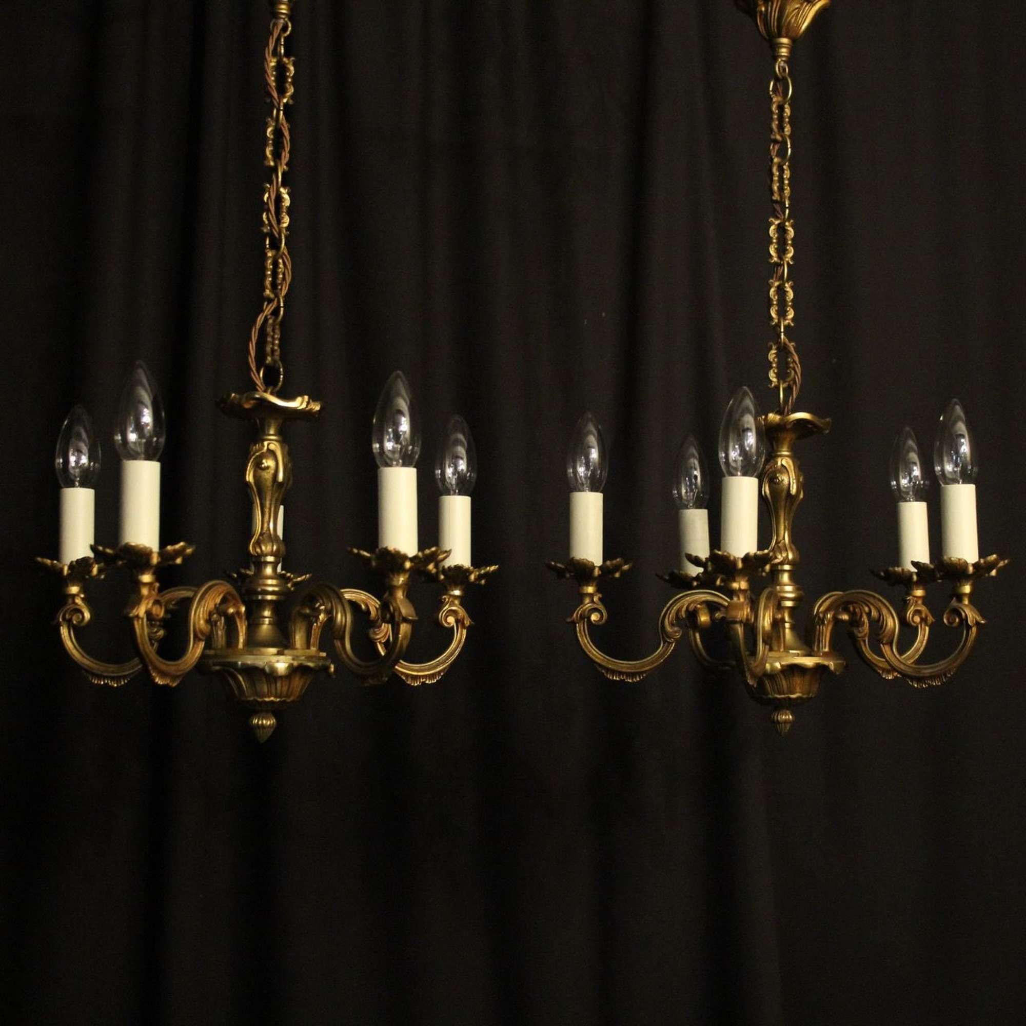 French Pair Of Gilded 5 Light Antique Chandeliers