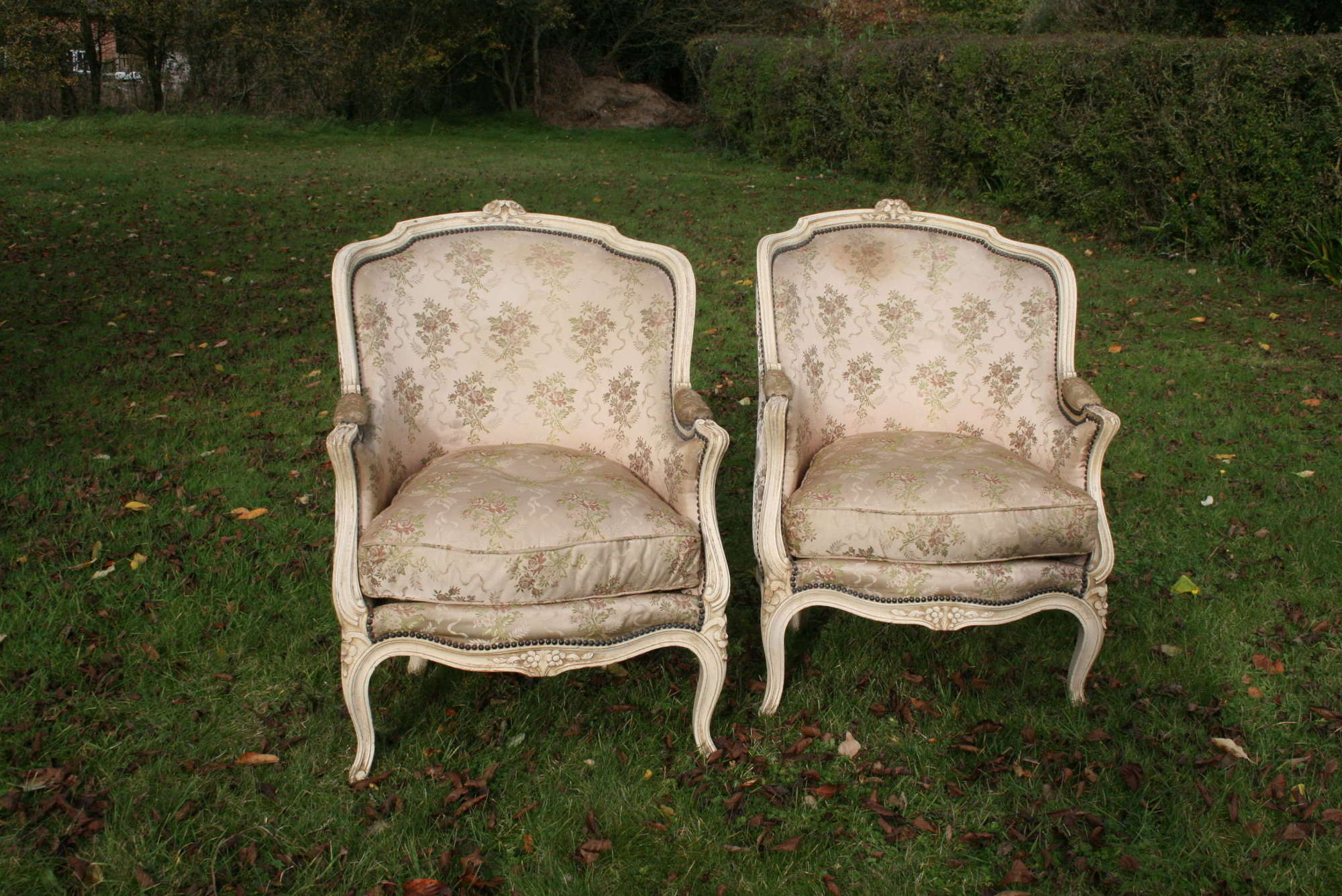 Large pair french bergere armchairs