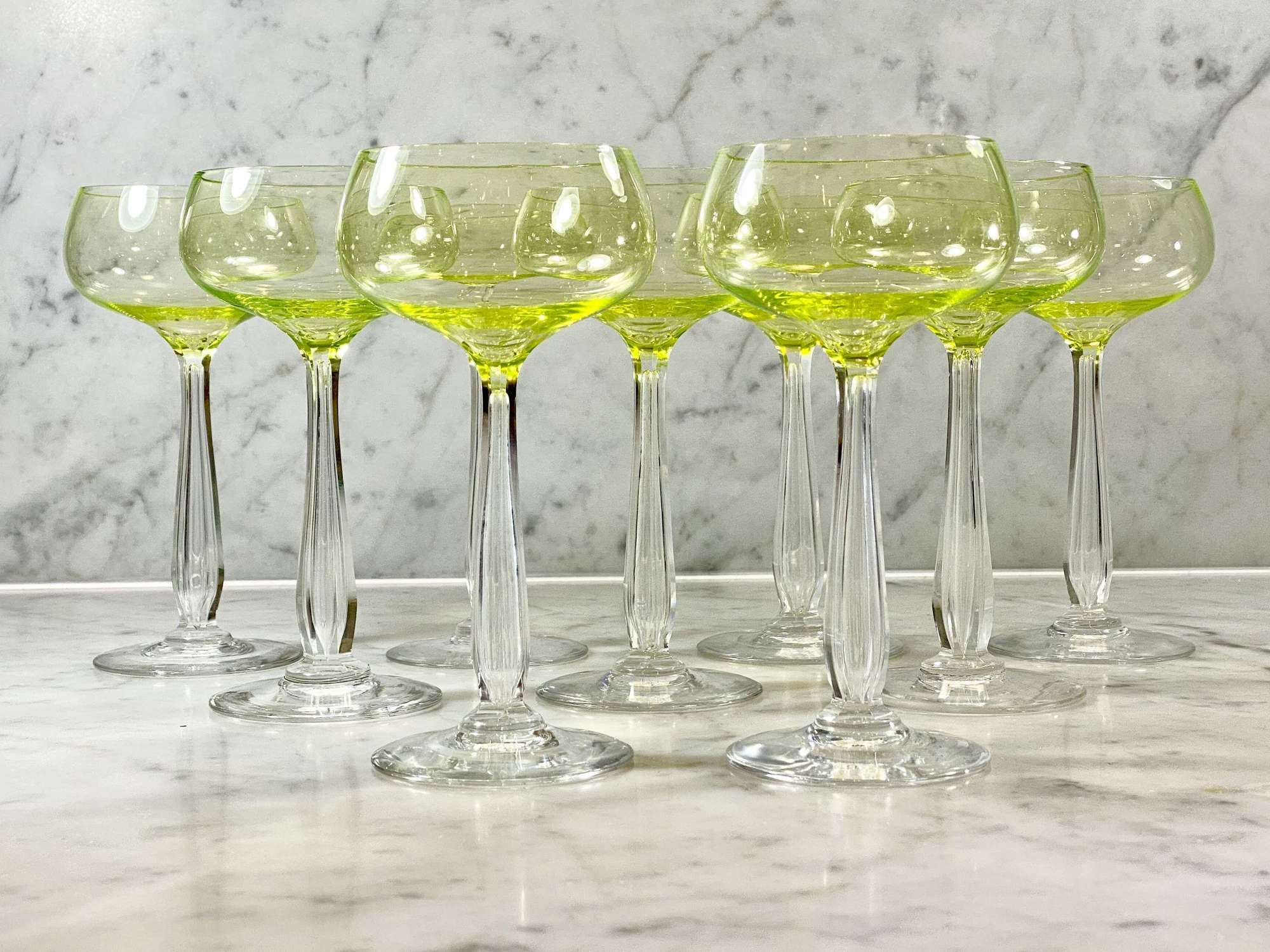 9 Art Deco French uranium wine, champagne or cocktail glasses