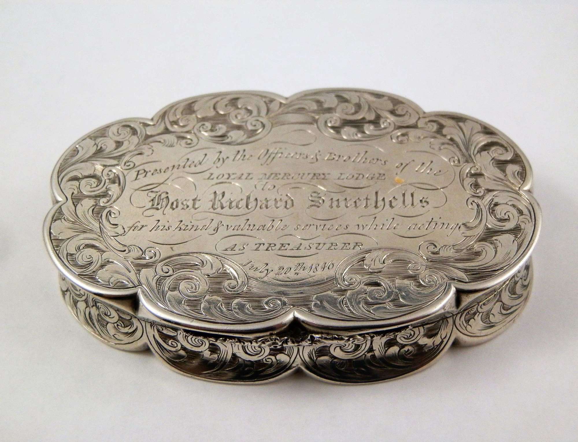 Victorian silver oval snuff box, Nathaniel Mills 1843