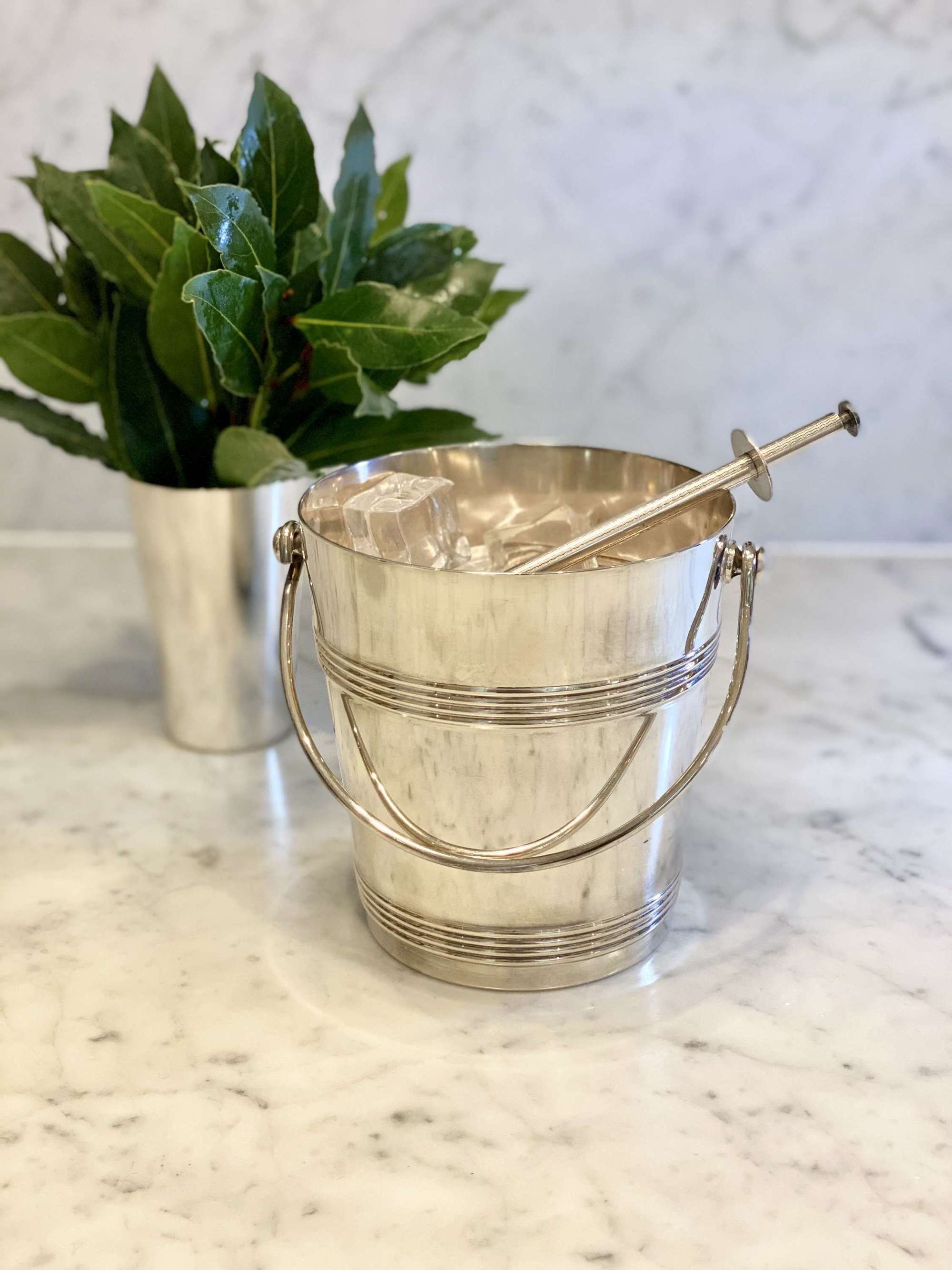 Art Deco Christofle ice bucket with matching ice grabber tongs