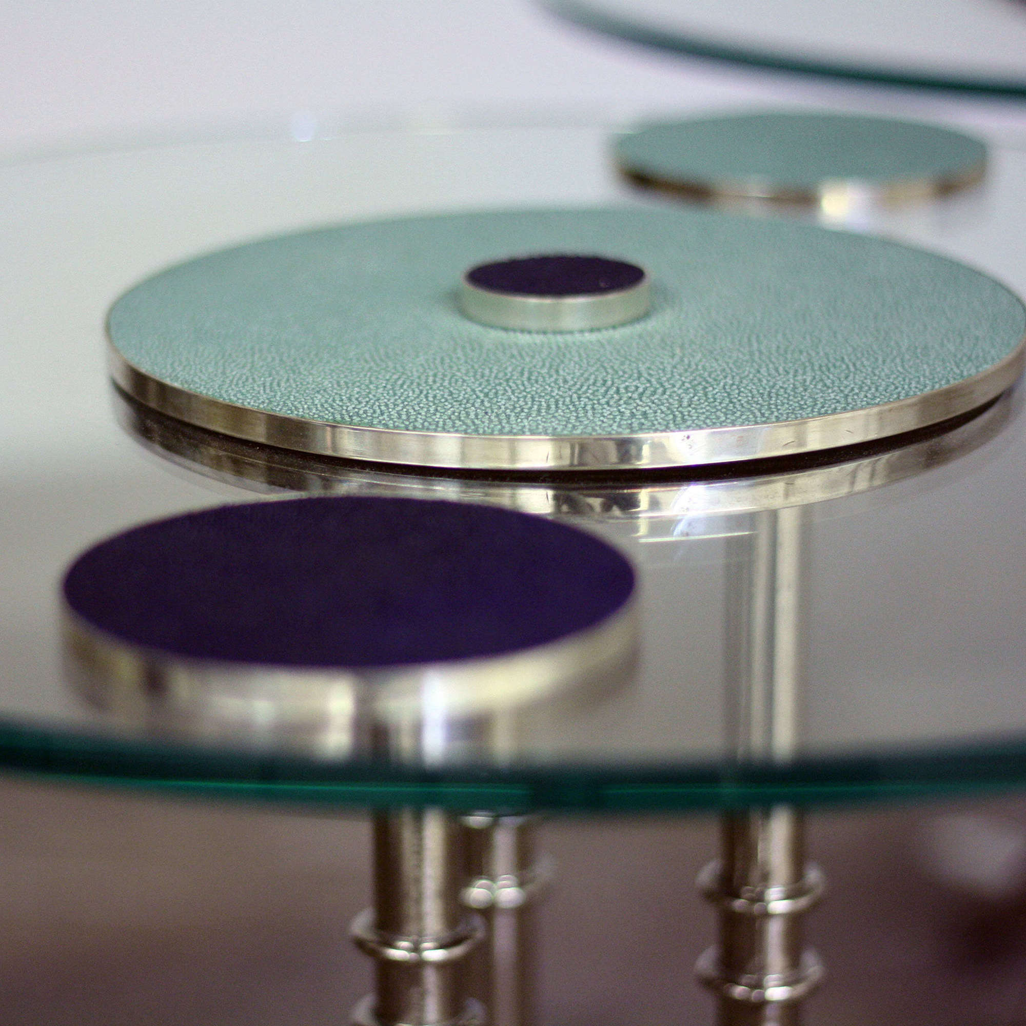 Shagreen, chrome and glass side tables and Coasters by Glyn Lockett
