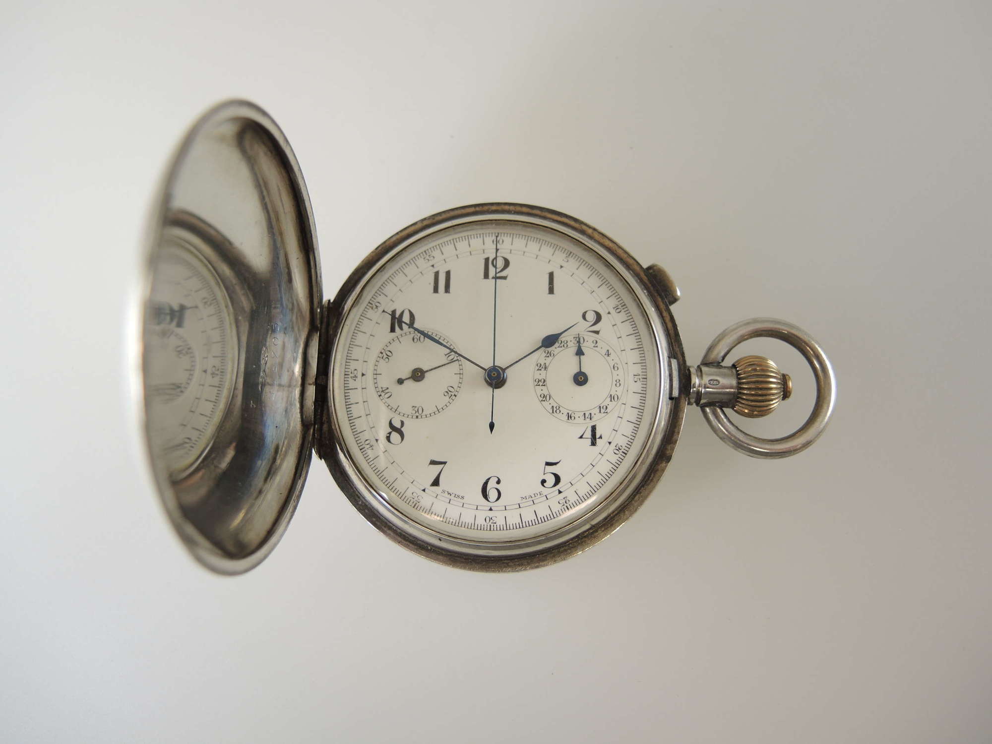 Silver full hunter chronograph pocket watch w/30 minute register c1910