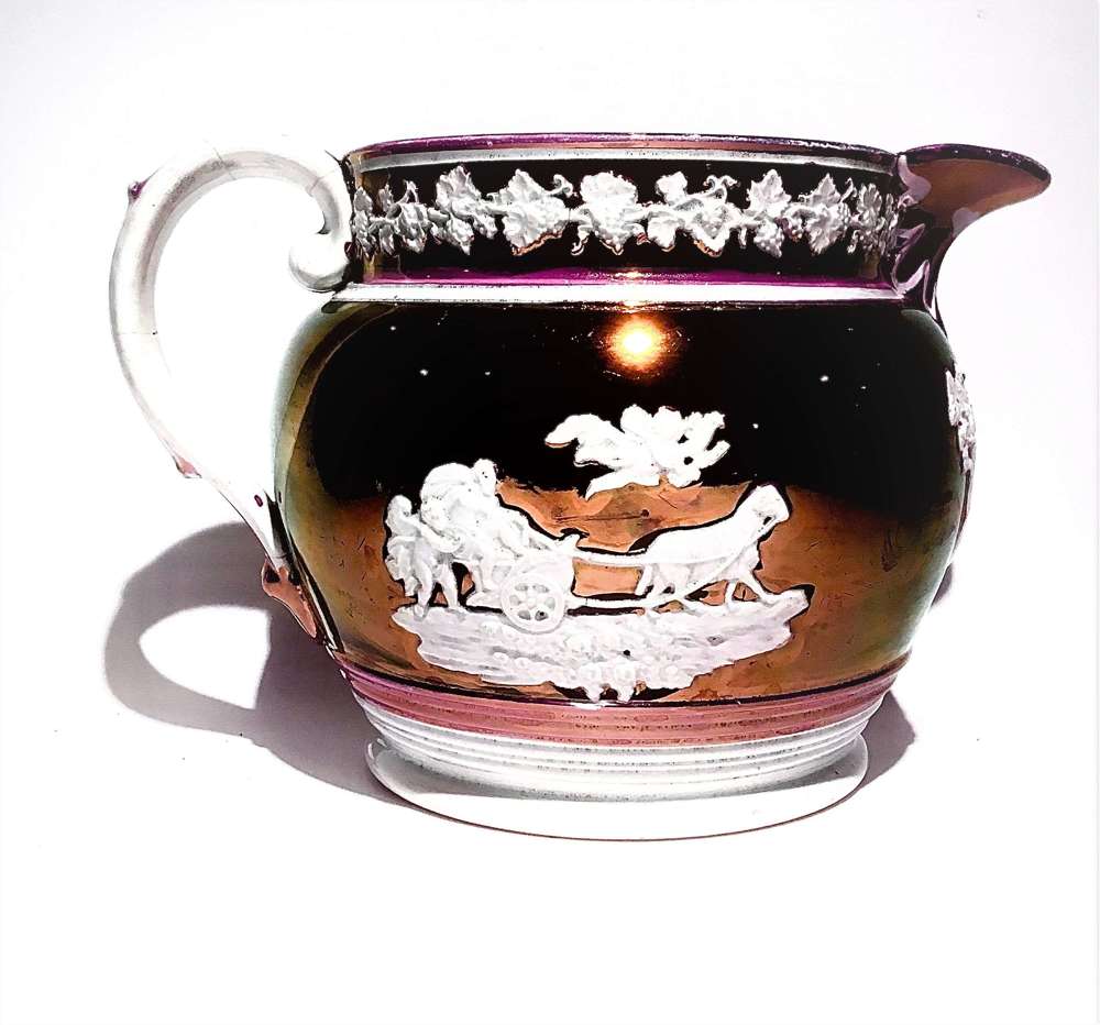Regency era, pink copper lustre ware jug with neoclassical motifs